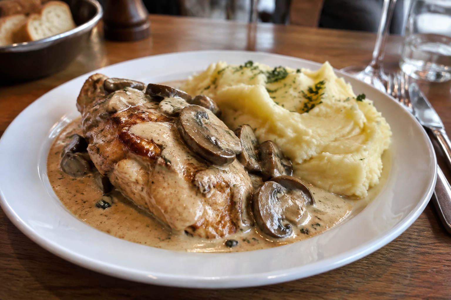 Le poulet sauce crème aux champignons et sa purée de pommes de terre maison