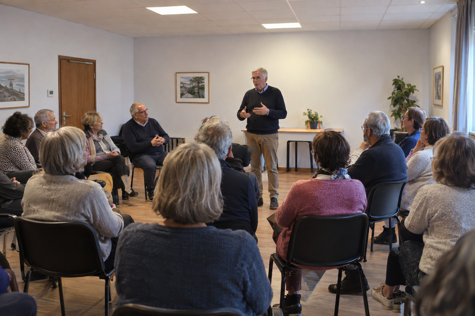 Rassemblement de participants dans une salle intérieure fermée